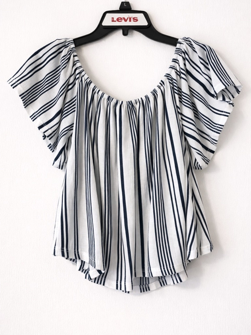 Derek Heart White and Navy Striped Off-Shoulder Peasant Top